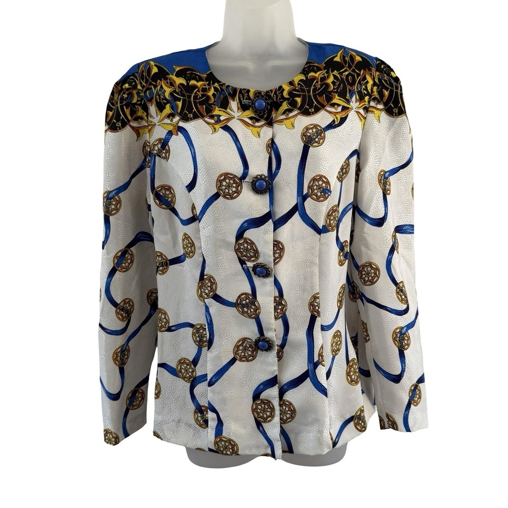 Vintage Cheminee Blouse Womens 10 White Satin Baroque Print Button Front Top 90s